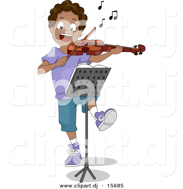 Clipart of a Happy Cartoon Black Boy Dancing While Playing a Violin