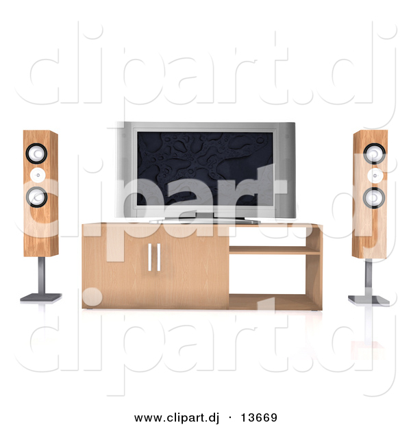 Clipart of a Home Theatre System with Wood Speaker Towers and a Widescreen Tv