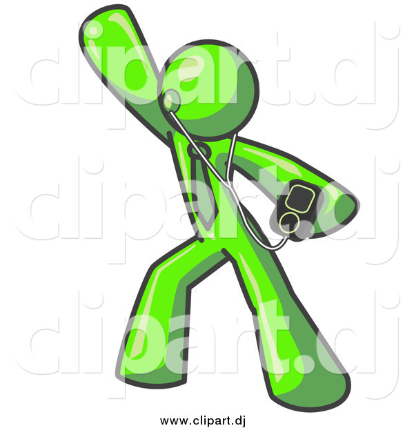 Clipart of a Lime Green Man Dancing and Listening to Music