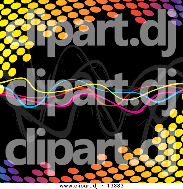 Clipart of a Neon Squiggly Lines Within Colorful Halftone Equalizer Circles over Black Background