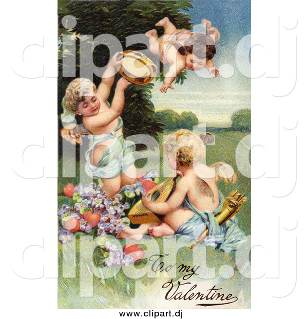 Clipart of a Vintage Valentine of Cherubs with Hearts Instruments and Purple Flowers, Circa 1906
