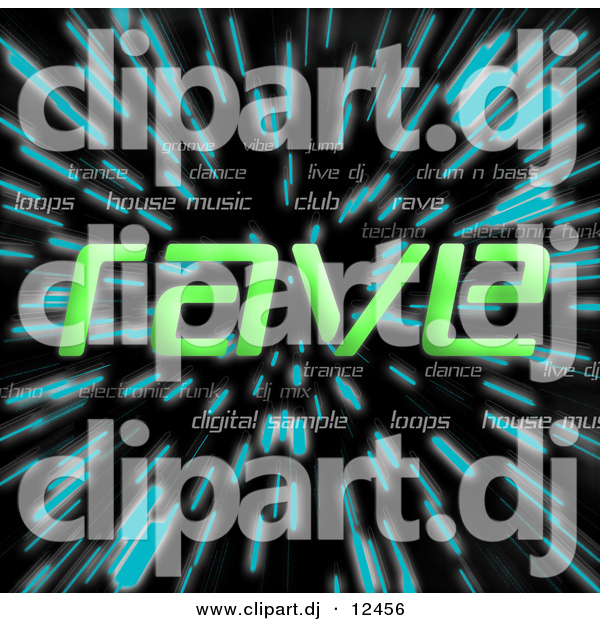 Clipart of Green Rave Text over Zooming Blue Lines in Hyperspace Background