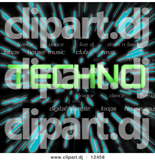 Clipart of Green Techno Text over Zooming Blue Lines in Hyperspace Background