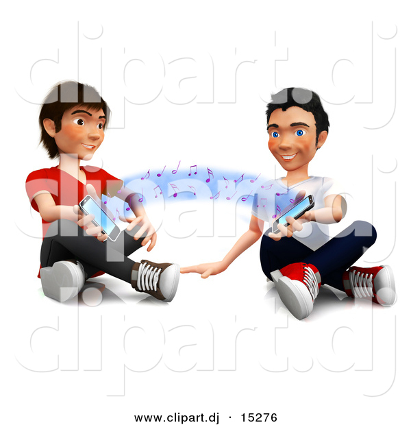 Clipart of Happy 3d Kids Sharing Music with Their Cell Phones