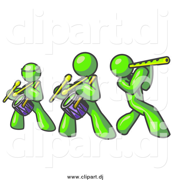 Clipart of Lime Green Men Playing Flutes and Drums