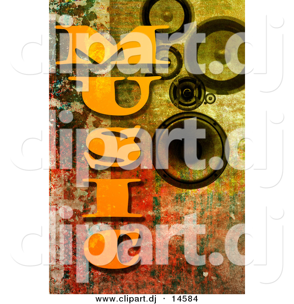 Clipart of MUSIC Word over Speakers on Rusty Background