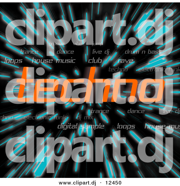 Clipart of Orange Techno Text over Zooming Blue Lines in Hyperspace Background