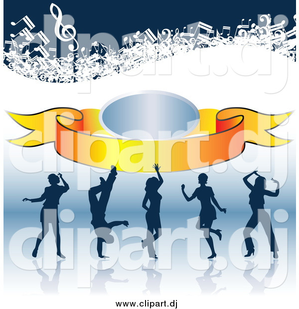 Clipart of Silhouetted Dancers on a Reflective Surface, with a Banner and Music Notes