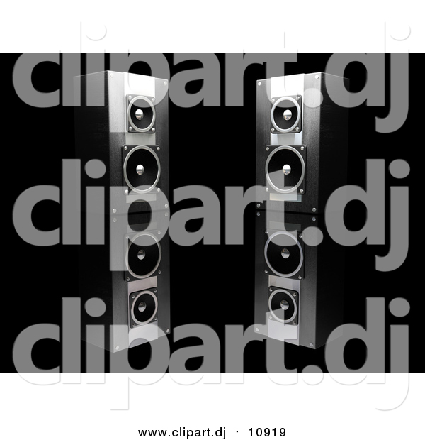 Clipart of Stereo Speakers Facing Slightly Towards Each Other, on a Reflective Black Surface
