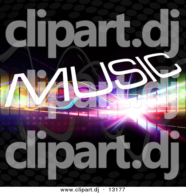 Clipart of White Music Text Composited over Colorful Squares and Black Background