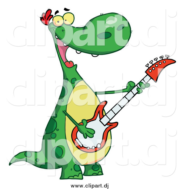 Vector Clip Art of a Cartoon Dinosaur Playing Guitar While Smiling