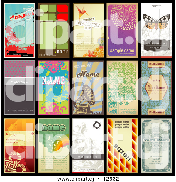 Vector Clipart of 15 Unique Retro Designed Vertical Business Cards - Grammophone Included on One - Digital Collage