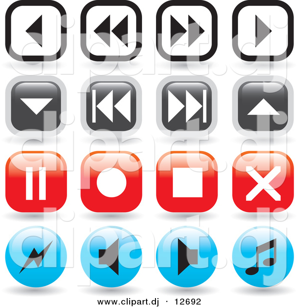 Vector Clipart of 16 Music Player Icon Buttons - Round and Square Designs - Digital Collage