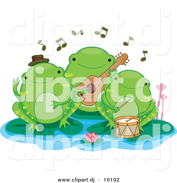 Vector Clipart of 3 Cartoon Green Frogs Playing Music on Lily Pads