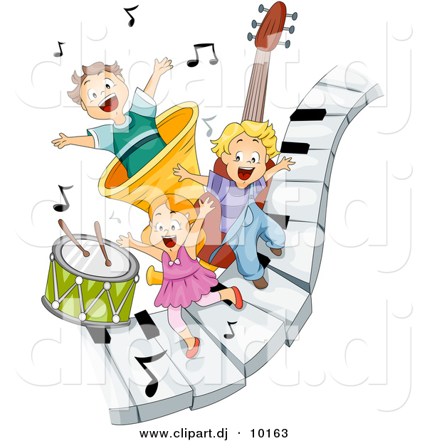 Vector Clipart of a 3 Happy Kids Playing on Piano Keys with Music Notes and Instruments - Cartoon Design