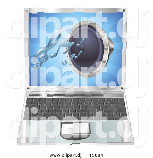 Vector Clipart of a 3d Audio Speaker Emerging from a Laptop Computer Screen