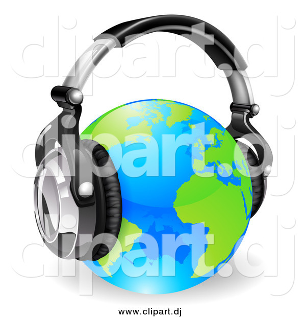 Vector Clipart of a 3d Blue and Green Globe Wearing Noise Canceling Music Headphones