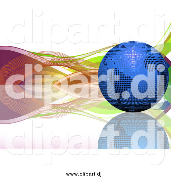 Vector Clipart of a 3d Blue Mosaic Disco Ball Earth on a Reflective Surface, with Colorful Waves