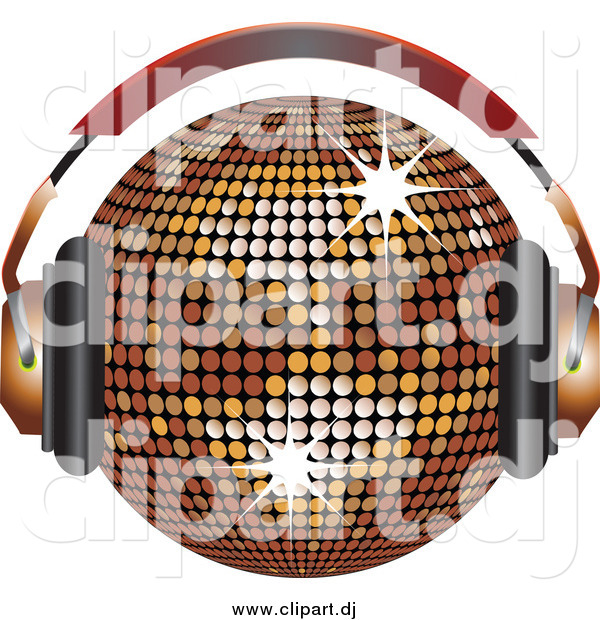 Vector Clipart of a 3d Bronze Disco Music Ball Wearing Headphones