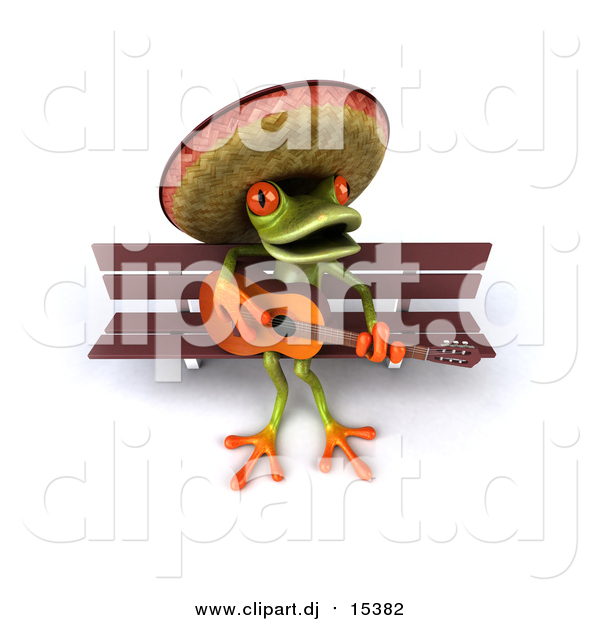 Vector Clipart of a 3d Busker Mexican Guitarist Frog Playing on a Bench