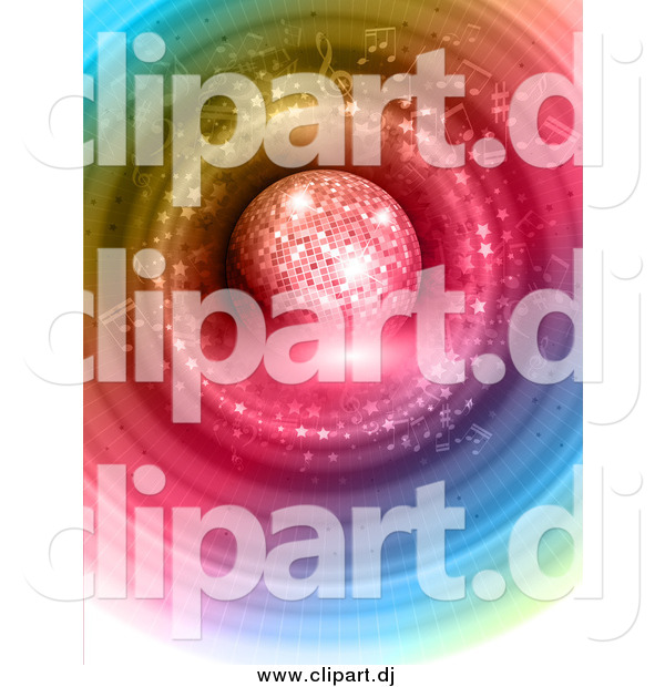 Vector Clipart of a 3d Disco Ball over Colorful Circles and Music Notes