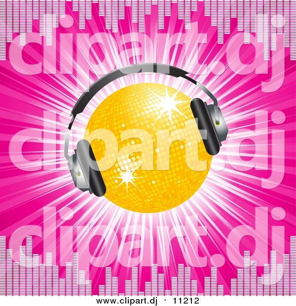 Vector Clipart of a 3d Disco Ball Wearing Headphones, on a Bursting Pink Background Bordered by Equalizer Lines