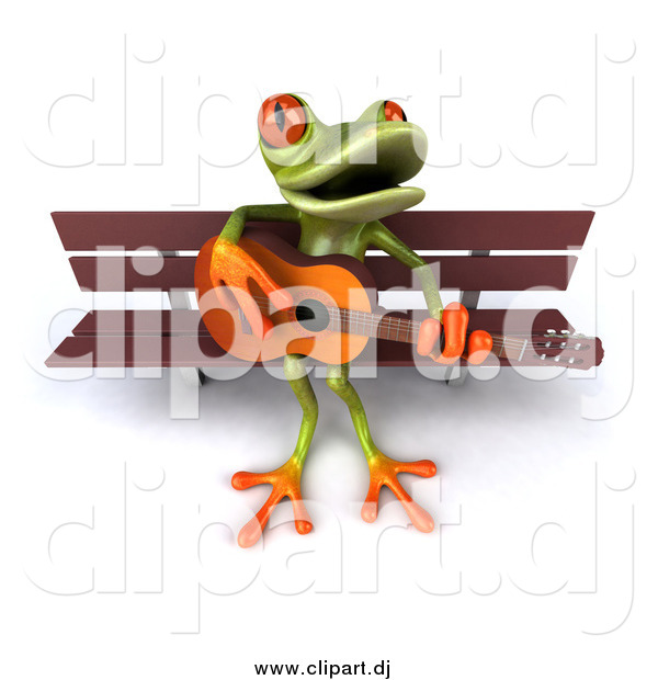 Vector Clipart of a 3d Frog Playing a Guitar on a Park Bench
