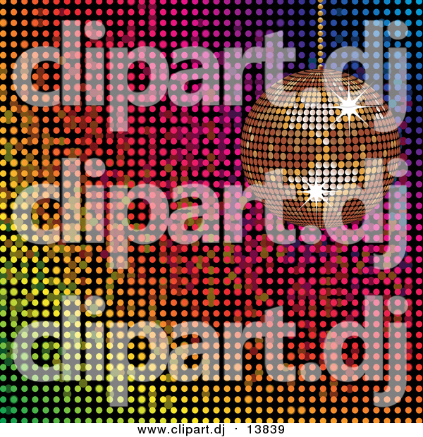 Vector Clipart of a 3d Gold Disco Ball over a Colorful Mosaic Background