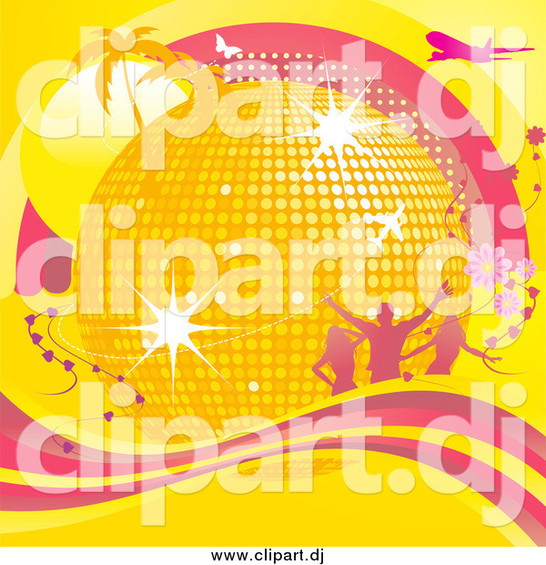 Vector Clipart of a 3d Gold Disco Ball with Palm Trees, Sunshine, Silhouetted People, Flowers, Airplanes and Butterflies and a Wave of Pink and Yellow