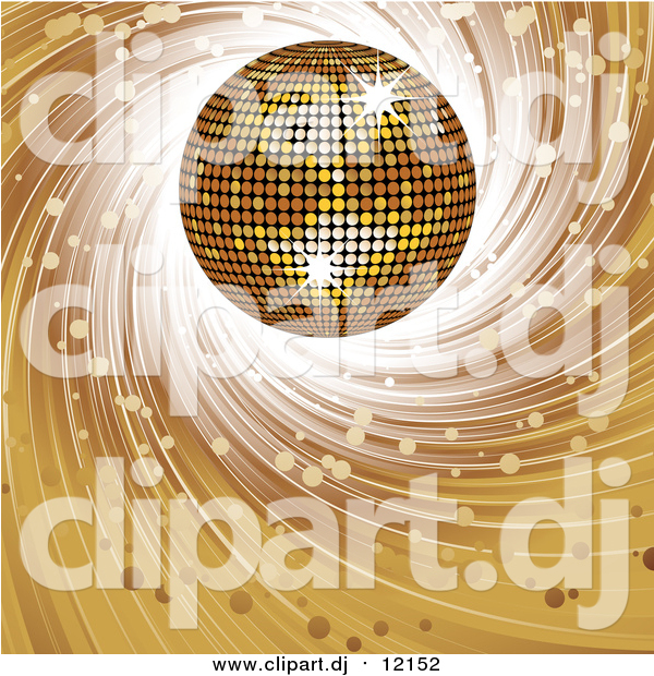 Vector Clipart of a 3d Golden Disco Ball on a Spiraling Brown Background