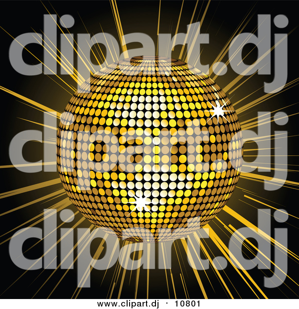 Vector Clipart of a 3d Golden Shiny Disco Ball Spinning over a Bursting Black and Yellow Background