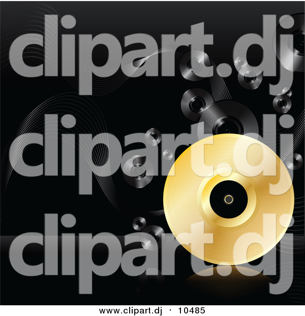 Vector Clipart of a 3d Golden Vinyl Record Rolling on a Reflective Surface over a Black Background with Black Records