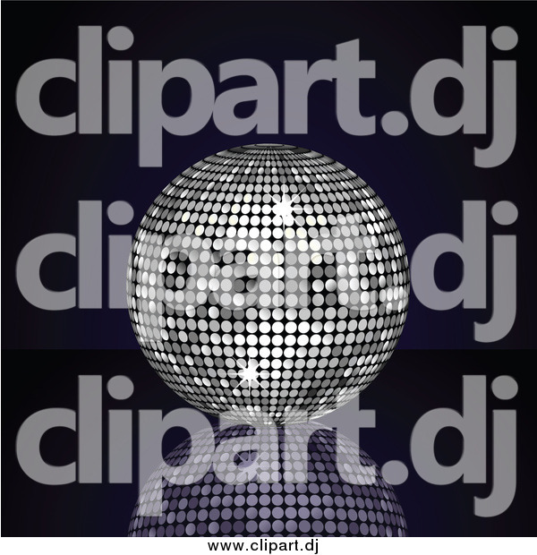 Vector Clipart of a 3d Platinum Silver Disco Ball Suspended over a Reflective Surface over a Black Background