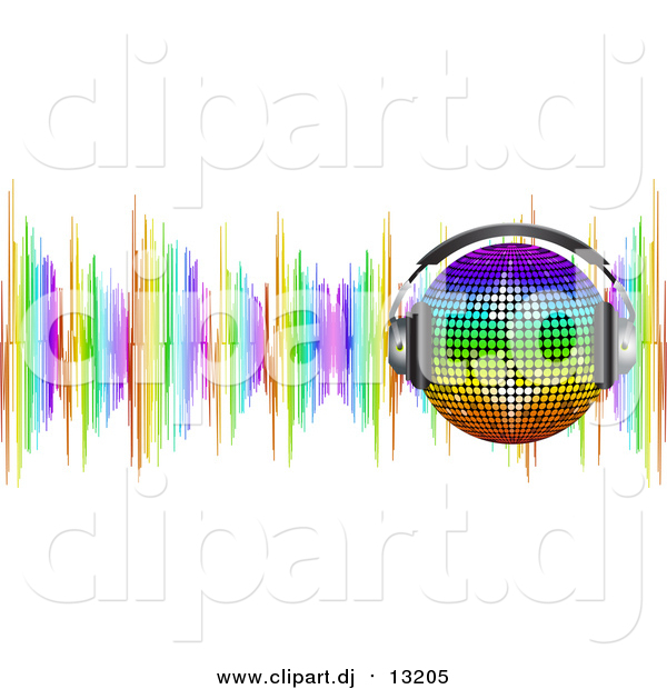 Vector Clipart of a 3d Rainbow Disco Ball Wearing Headphones over Colorful Sound Waves