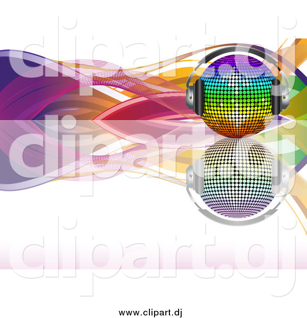 Vector Clipart of a 3d Rainbow Disco Ball with Headphones, on a Reflective Surface with Colorful Waves over White