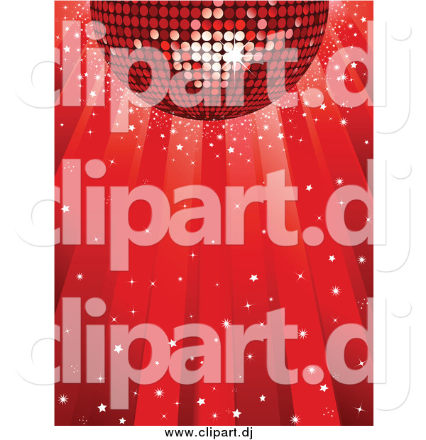 Vector Clipart of a 3d Red Disco Ball Reflecting Light While Spinning over a Red Background with Confetti