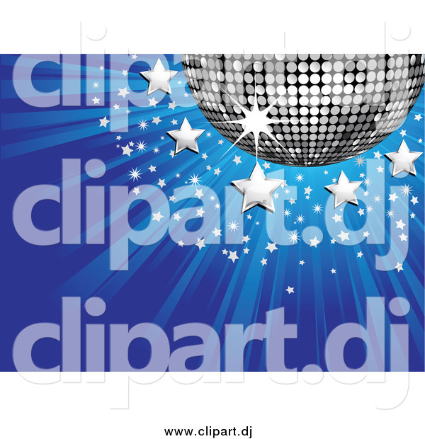Vector Clipart of a 3d Silver Disco Ball with Stars on a Bursting Blue Background