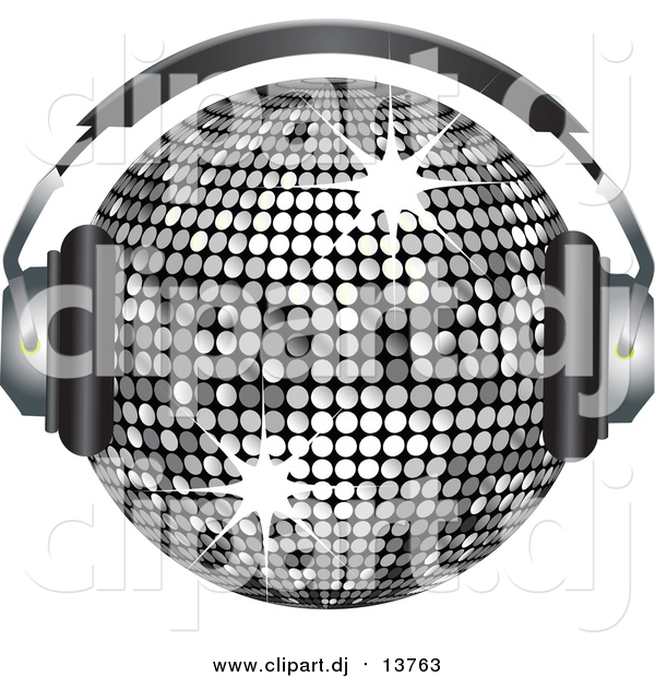 Vector Clipart of a 3d Silver Sparkly Disco Ball Wearing Headphones