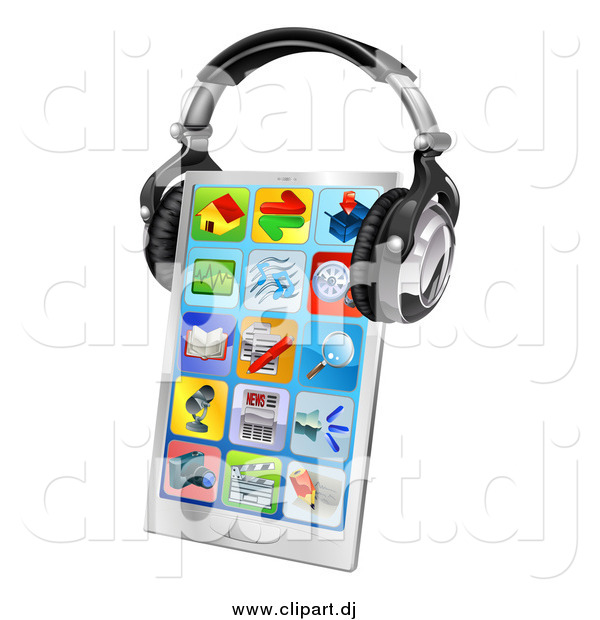 Vector Clipart of a 3d Touch Screen Smart Cell Phone with App Icons and Headphones