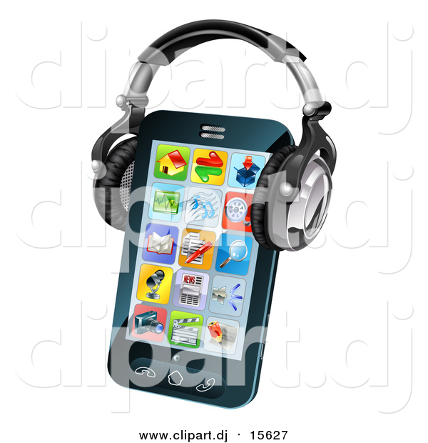 Vector Clipart of a 3d Touch Screen Smart Phone with App Icons and Headphones