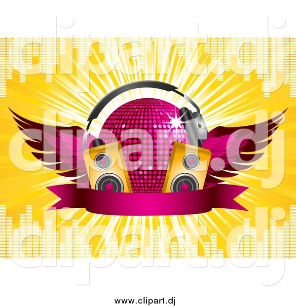 Vector Clipart of a 3d Winged Purple Disco Ball with Headphones, Speakers and a Banner