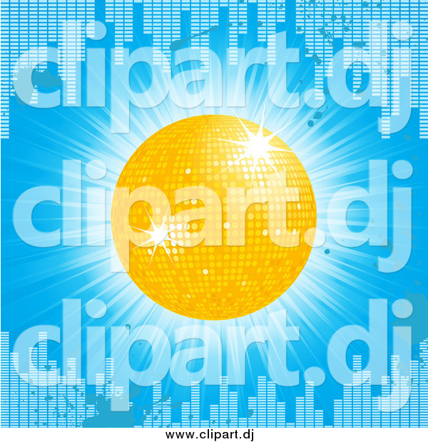 Vector Clipart of a 3d Yellow Disco Ball on a Blue Grunge Equalizer Bar Background