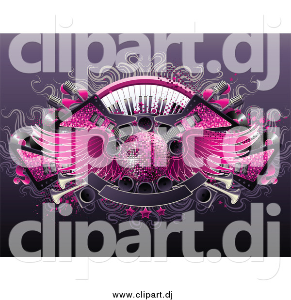 Vector Clipart of a Background of Guitars, Keyboards, Speakers, Banners and a 3d Winged Pink Disco Ball