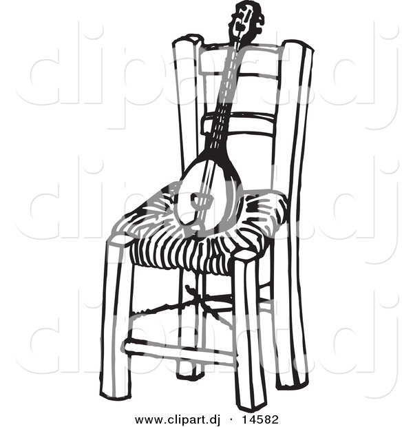 Vector Clipart of a Baglamas Instrument on Wood Chair - Black and White Sketch Art