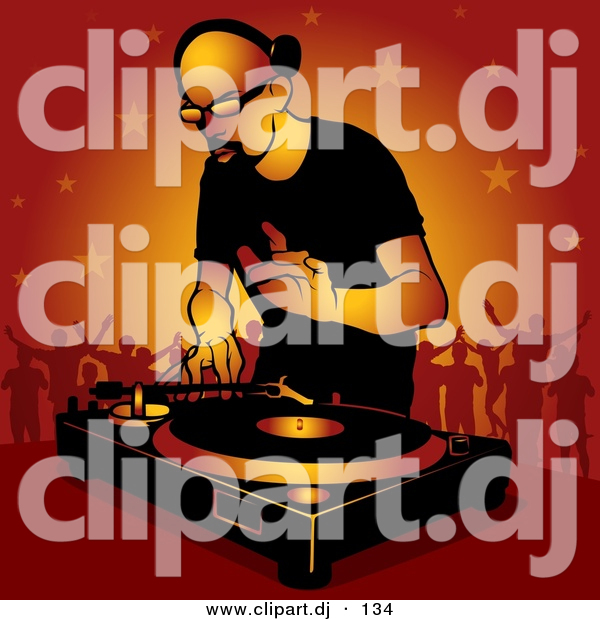 Vector Clipart of a Bald DJ Man Playing Dance Music to Crowd of Party People