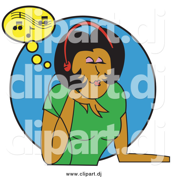 Vector Clipart of a Beautiful Young Black Woman in a Green T Shirt Relaxing While Listening to Tunes Through Music Headphones