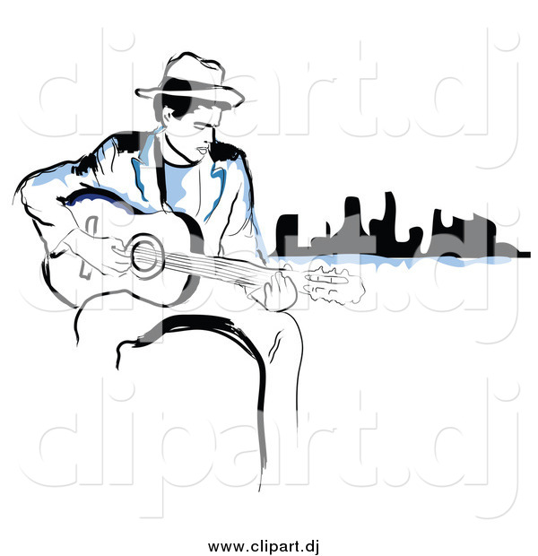 Vector Clipart of a Black and Blue Man Playing a Guitar near a City