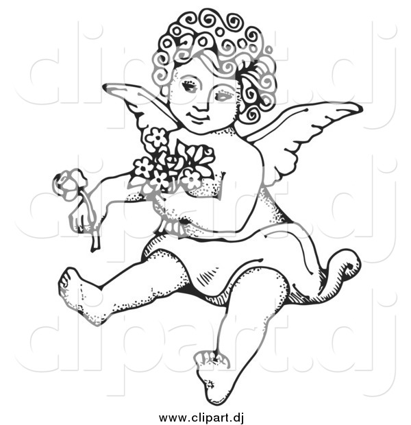 Vector Clipart of a Black and White Cherub Sitting on the Ground, Holding Flowers in One Arm and a Rose out in One Hand