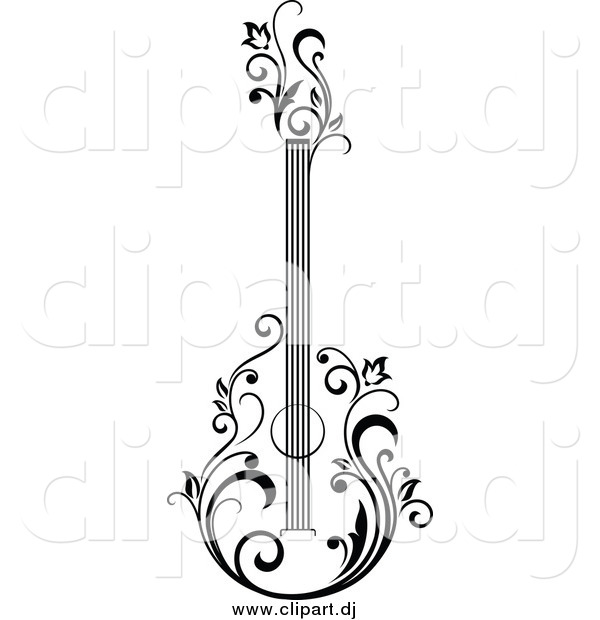 Vector Clipart of a Black and White Guitar with Vines