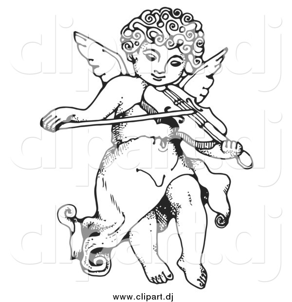 Vector Clipart of a Black and White Innocent Cherub with Curly Hair, Flying and Playing a Violin